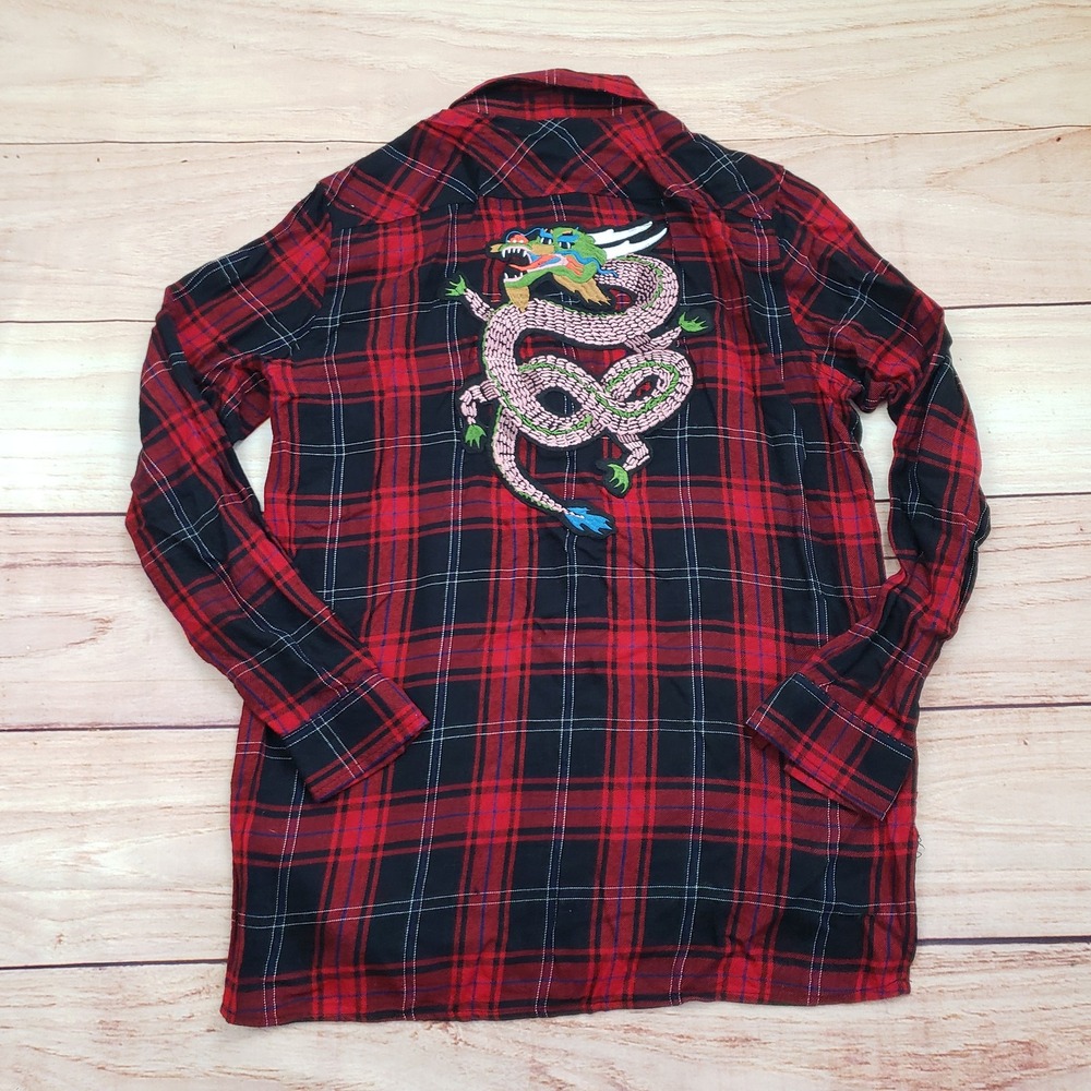 Zara Basic Collection Shirt Women Small Red Black Pearl Snap Button Plaid Dragon